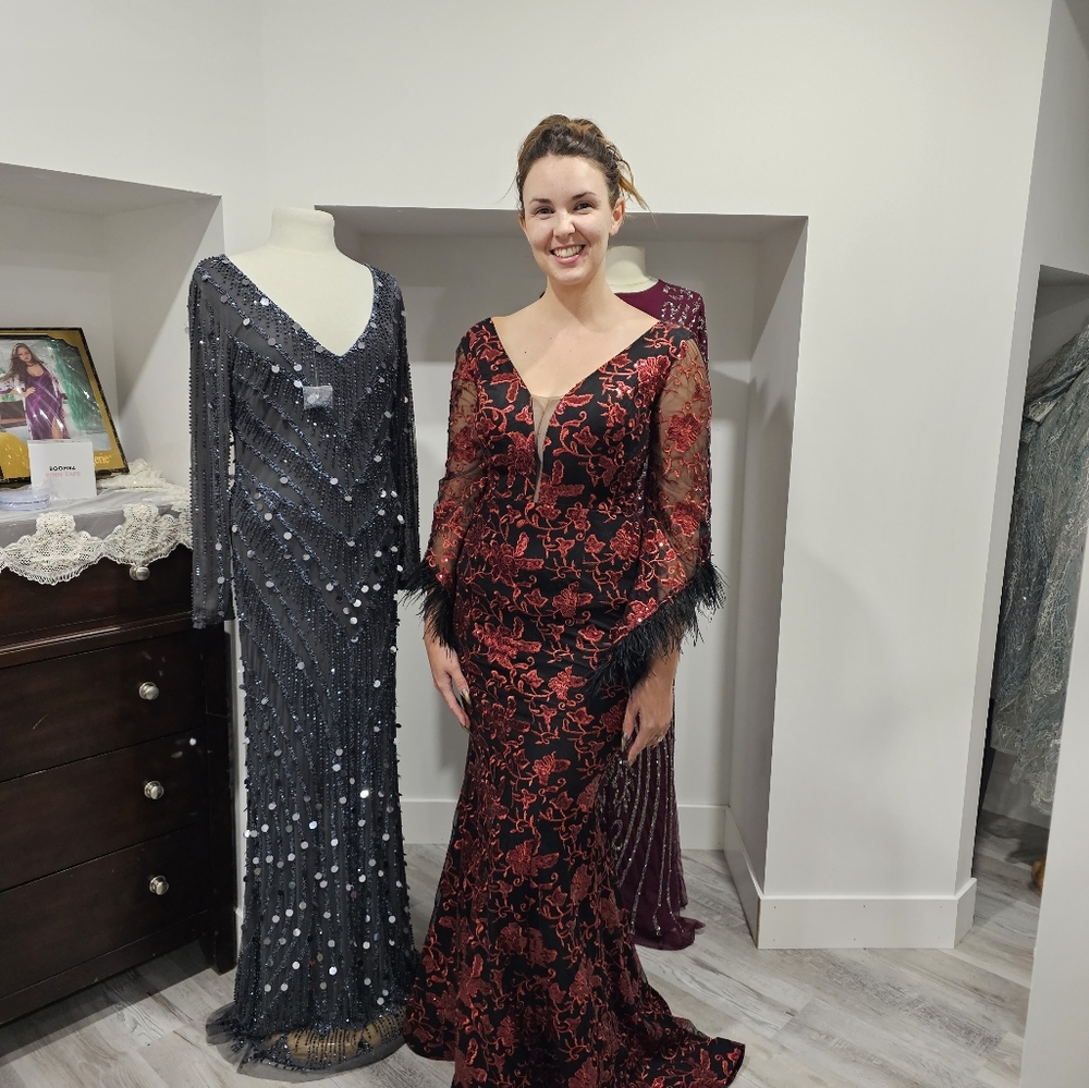 Red and black Velvet dress with feathered sleeves